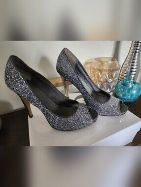 Nine West Silver Glitter Peep-Toe High Heels